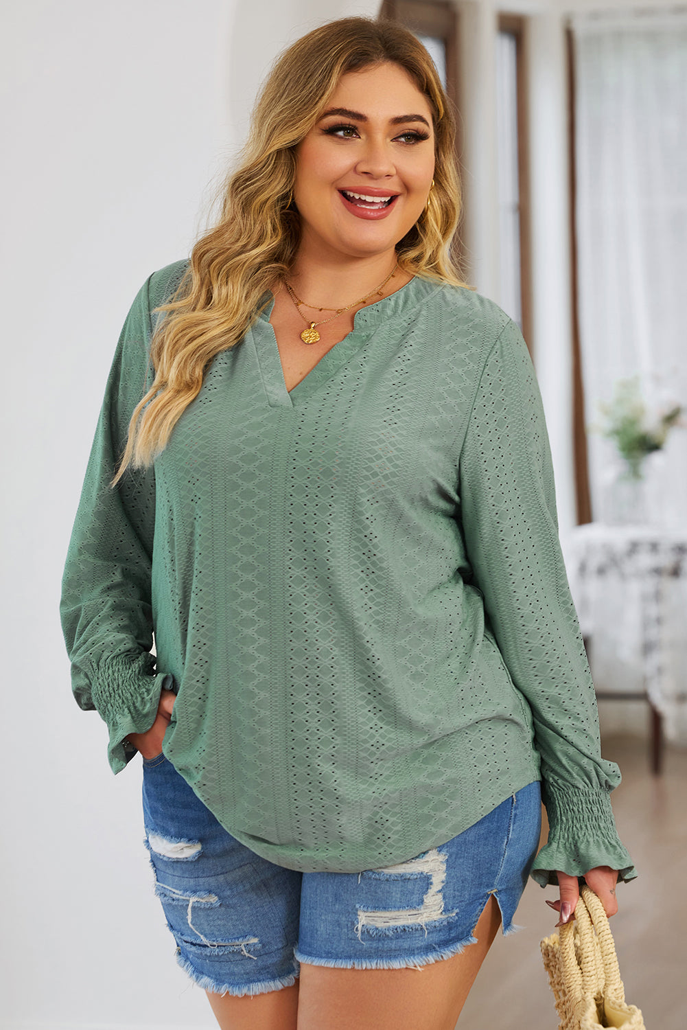 Green Eyelet Embroidered Split Neck Flounce Sleeve Curvy Top Plus Size JT's Designer Fashion