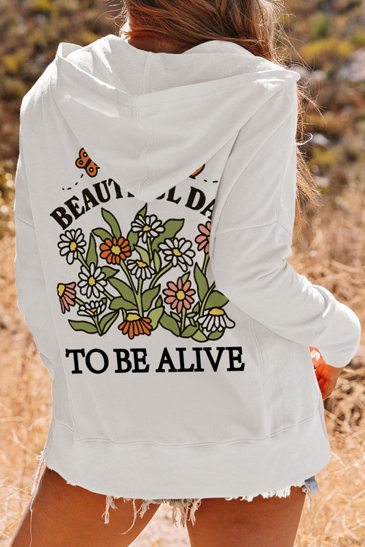 White Back Slogan & Flower Print Pocket Henley Hoodie White 50%Polyester+50%Cotton Graphic Sweatshirts JT's Designer Fashion