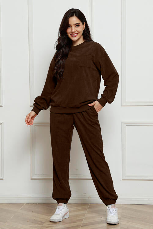 Round Neck Sweatshirt and Sweatpants Set Chocolate Jumpsuits & Rompers JT's Designer Fashion