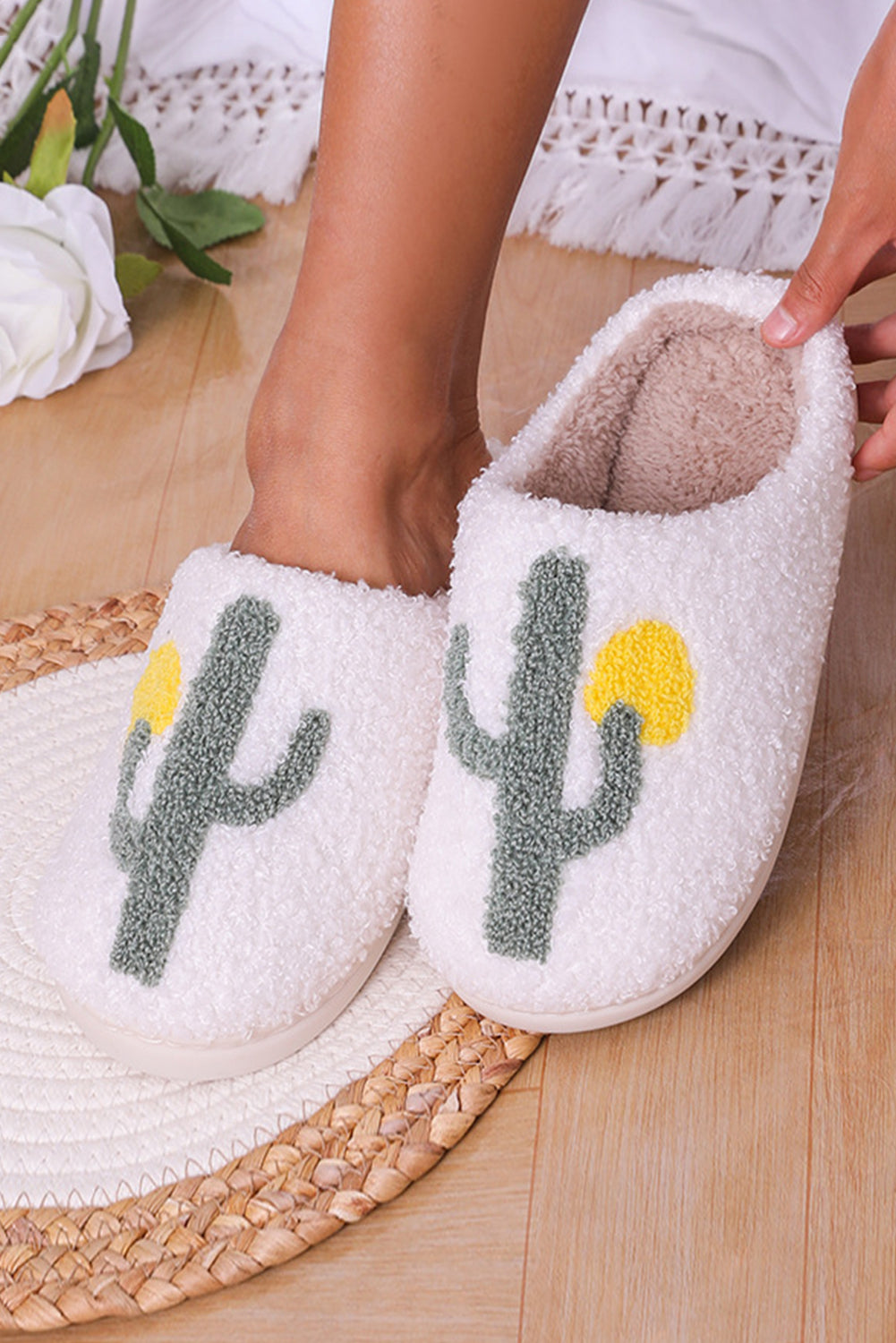 White Fuzzy Cactus Pattern Winter Home Slippers Slippers JT's Designer Fashion