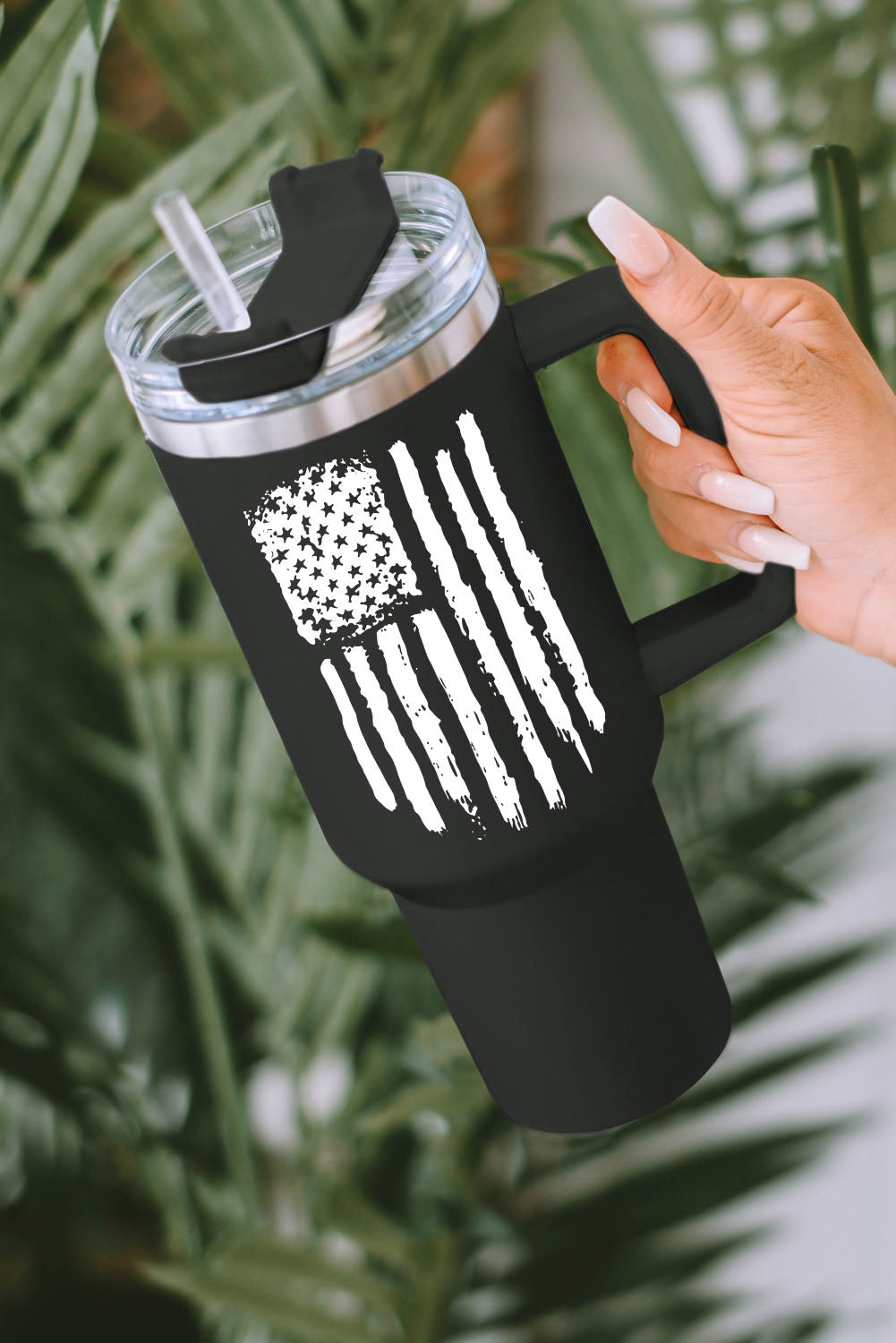 Black American Flag Print Stainless Steel Portable Cup with Handle 40oz Tumblers JT's Designer Fashion