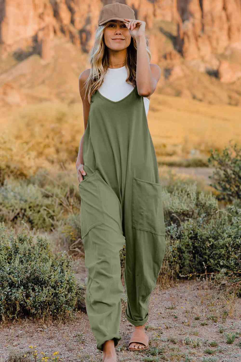 Double Take V-Neck Sleeveless Jumpsuit with Pocket Army Green Jumpsuits & Rompers JT's Designer Fashion