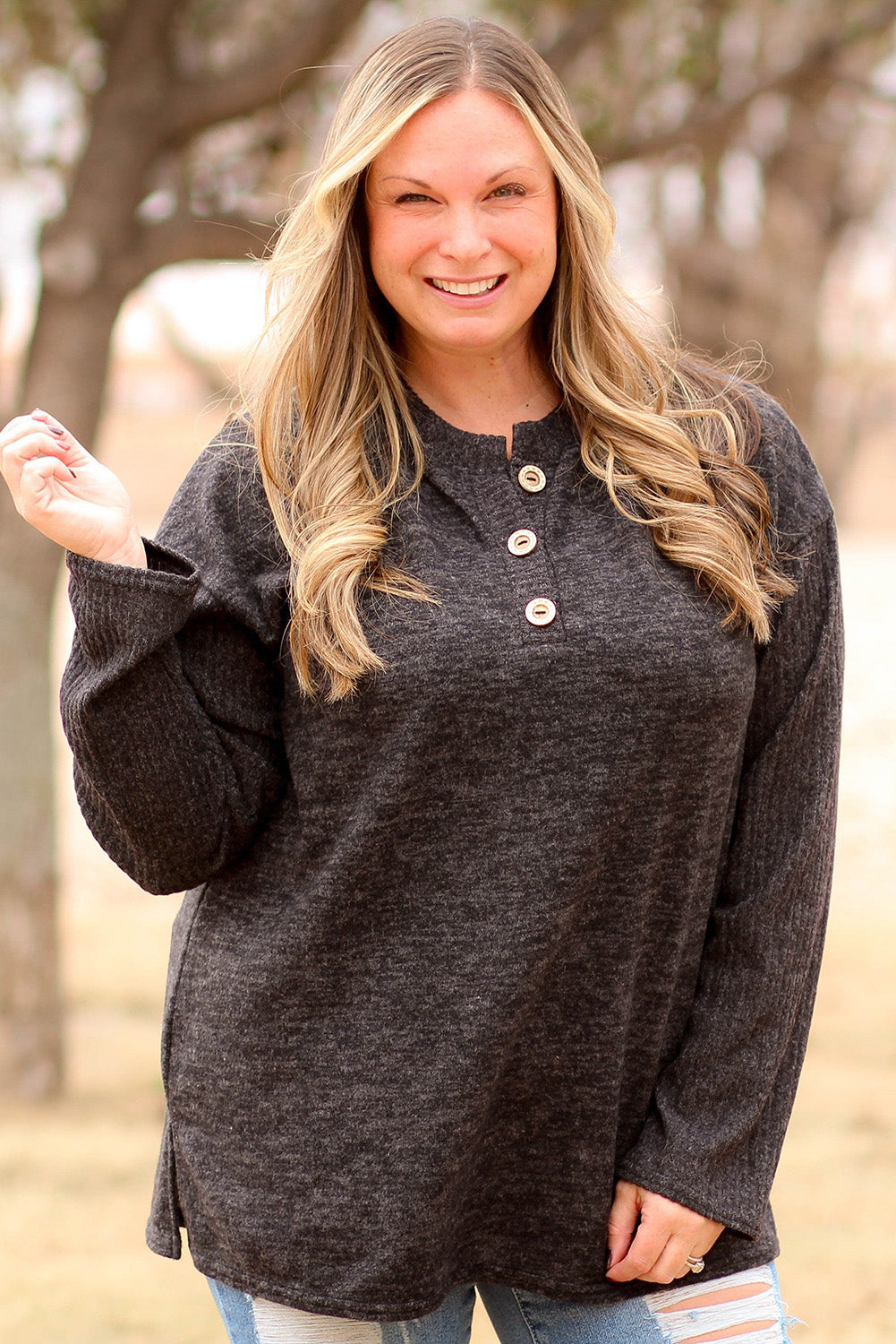 Black Ribbed Long Sleeve Plus Size Henley Top Plus Size JT's Designer Fashion