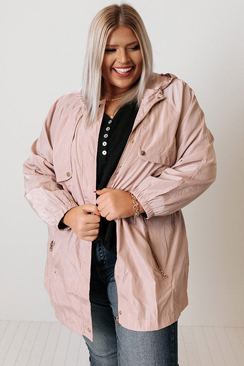 Pink Plus Size Lightweight Zipped Pockets Windproof Hooded Jacket Plus Size JT's Designer Fashion