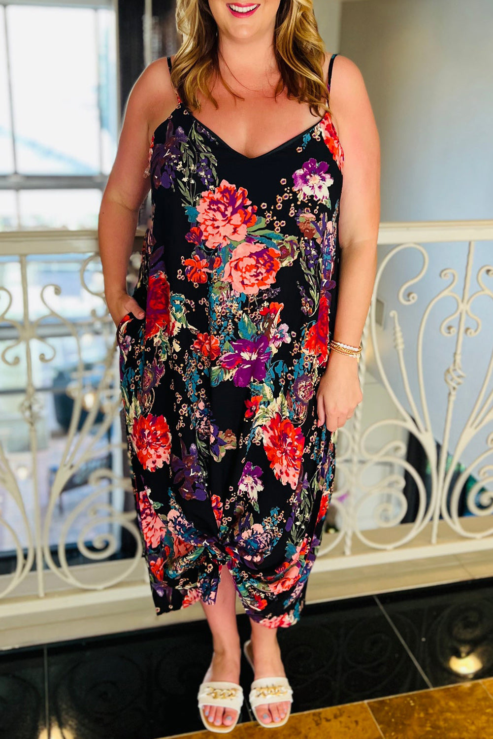 Black Plus Size Floral Print Thin Straps Maxi Dress Black 95%Polyester+5%Elastane Plus Size Dresses JT's Designer Fashion