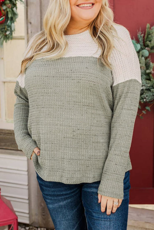 Green Plus Size Colorblock Knit Long Sleeve Top Plus Size Tops JT's Designer Fashion