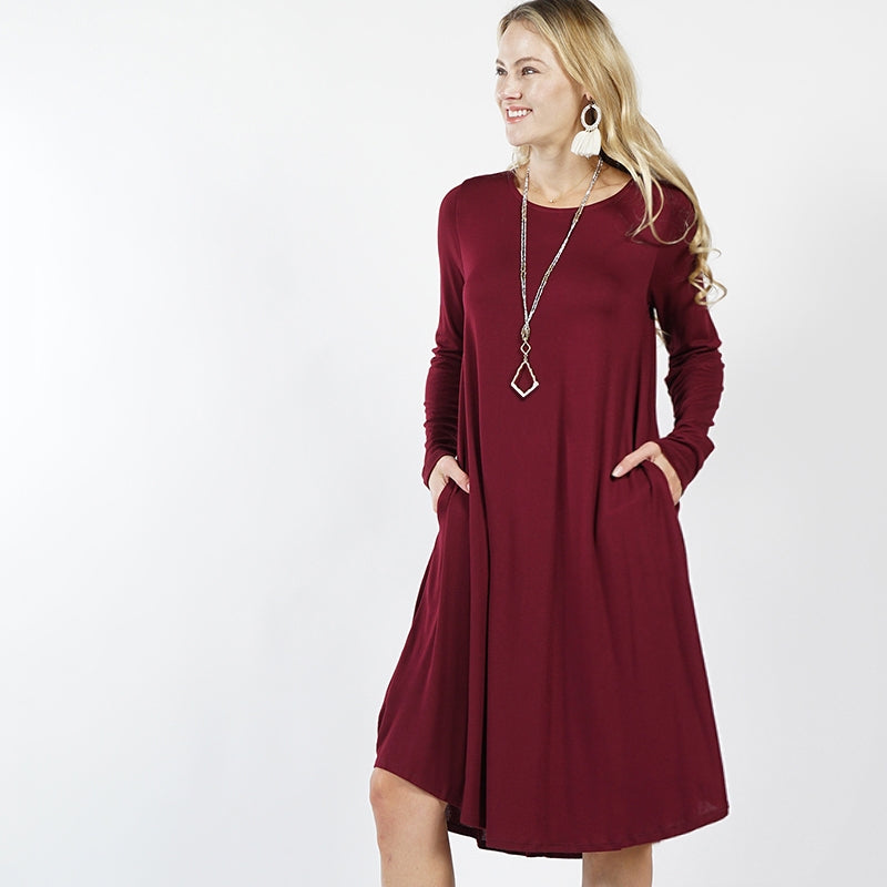 Sexy Slinky Pocket Midi Dress Dark Burgundy Midi Dresses JT's Designer Fashion