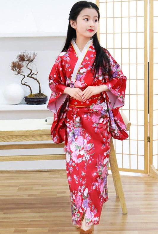Girls Red Japanese Kimono Gown Loungewear Set JT's Designer Fashion