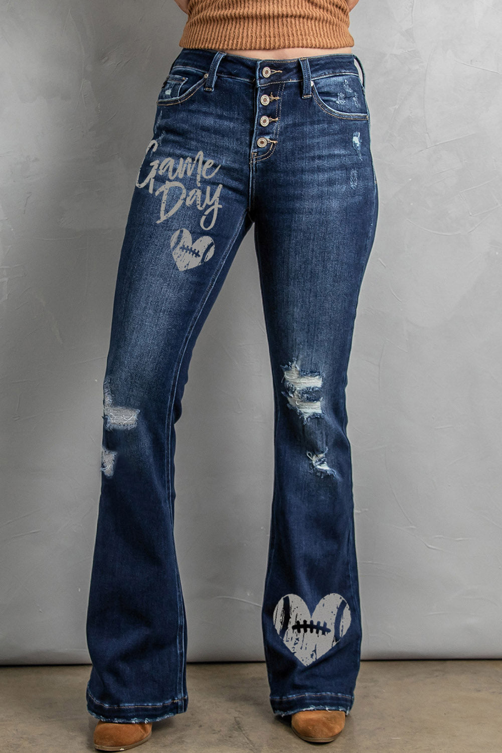 Blue Game Day Rugby Print Distressed High Waist Flare Jeans Jeans JT's Designer Fashion