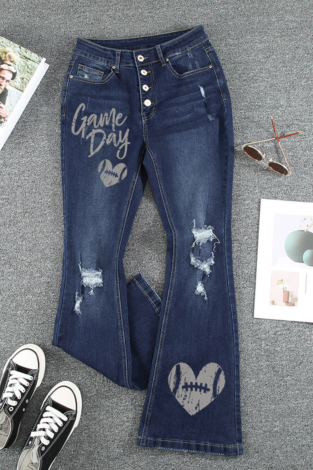 Blue Game Day Rugby Print Distressed High Waist Flare Jeans Jeans JT's Designer Fashion