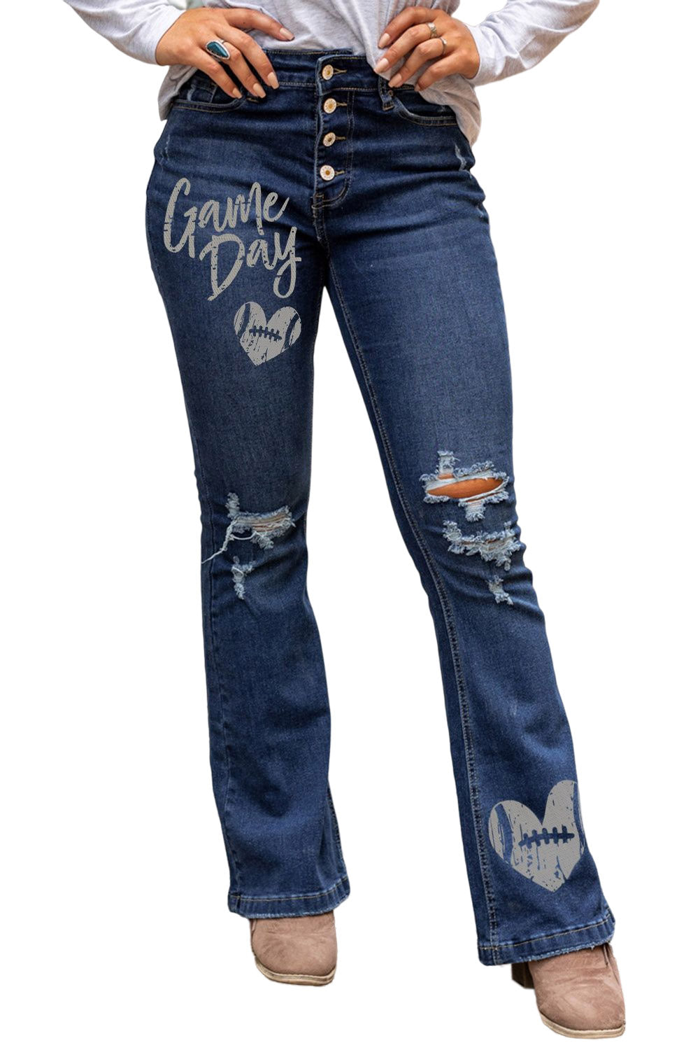 Blue Game Day Rugby Print Distressed High Waist Flare Jeans Jeans JT's Designer Fashion