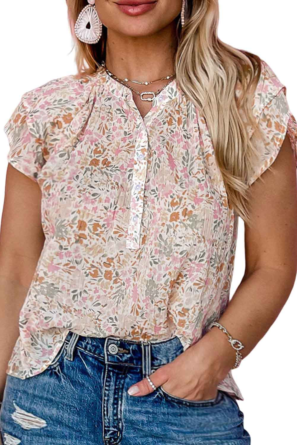 Multicolor Plus Size Floral Mandarin Collar Blouse Plus Size JT's Designer Fashion