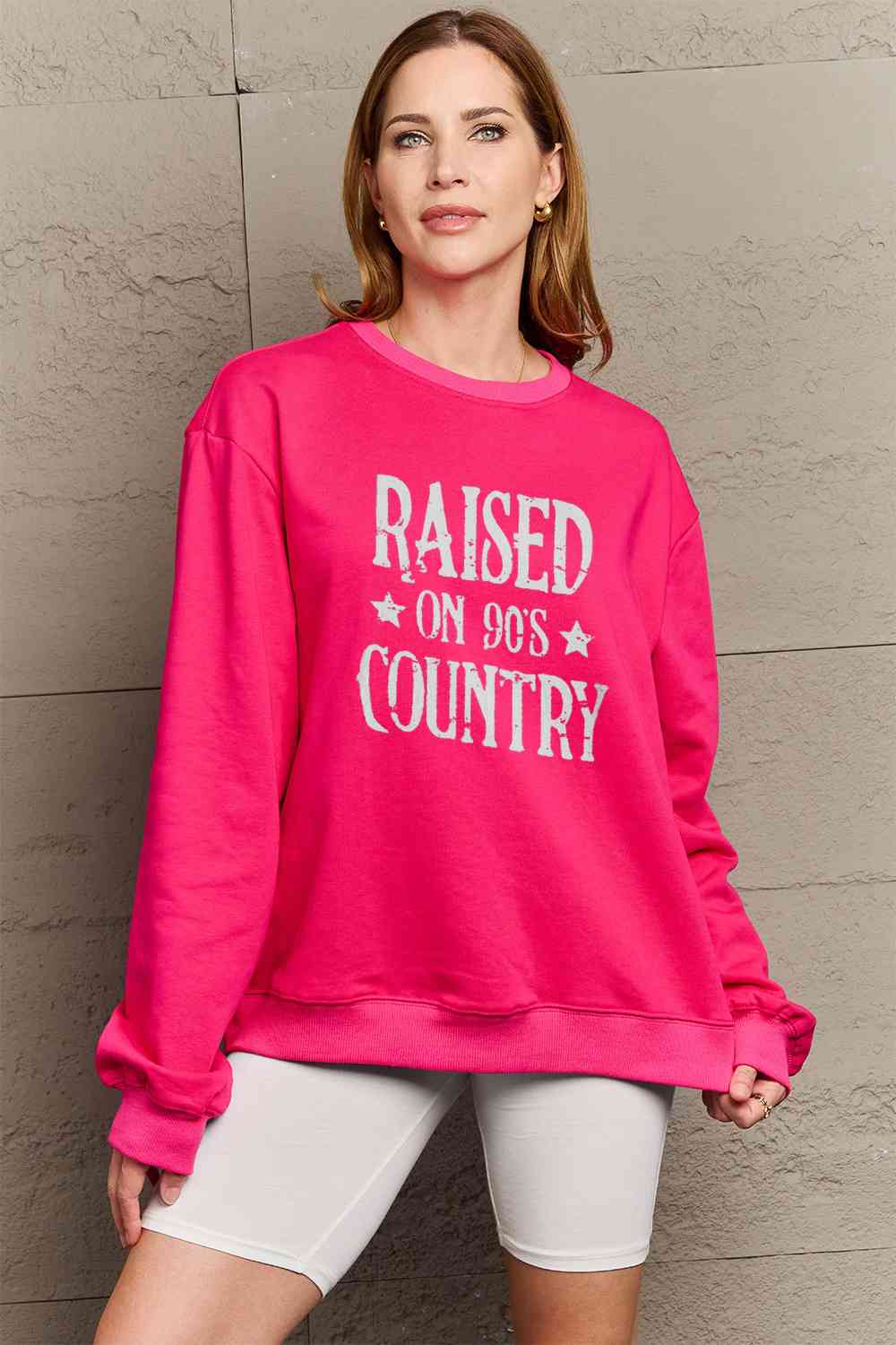 Simply Love Full Size RAISED ON 90'S COUNTRY Graphic Sweatshirt Deep Rose Graphic Sweatshirts JT's Designer Fashion