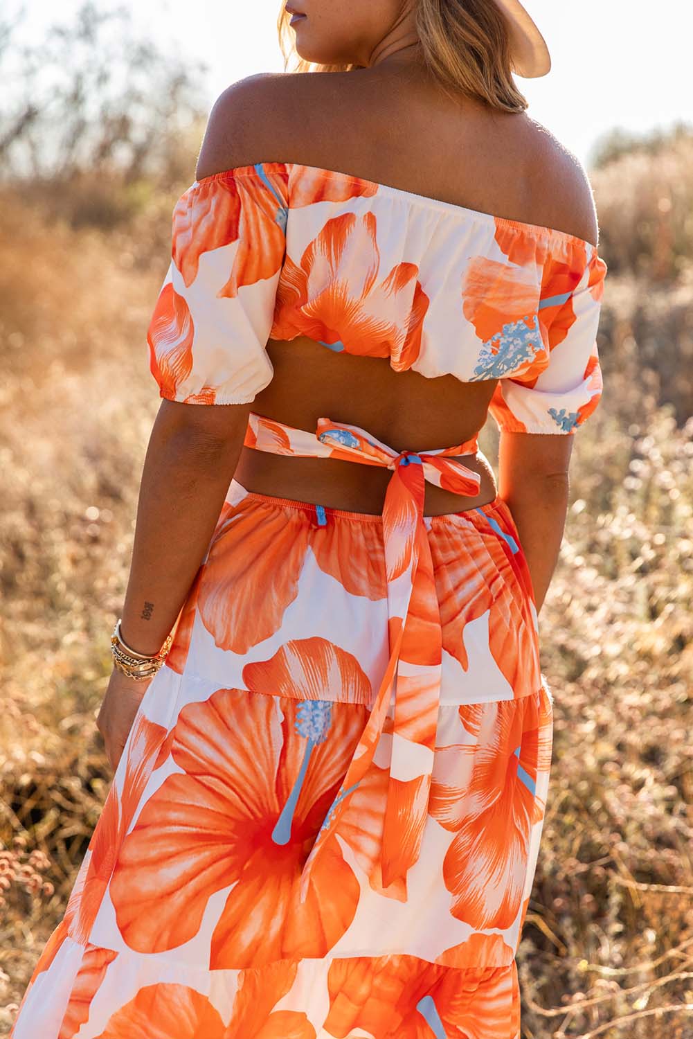 Orange Floral Print Off Shoulder Backless Maxi Dress Floral Dresses JT's Designer Fashion