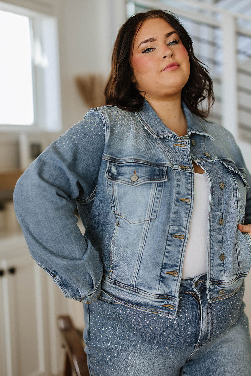 Sky Blue Plus Size Rhinestone Denim Jacket Denim jackets JT's Designer Fashion