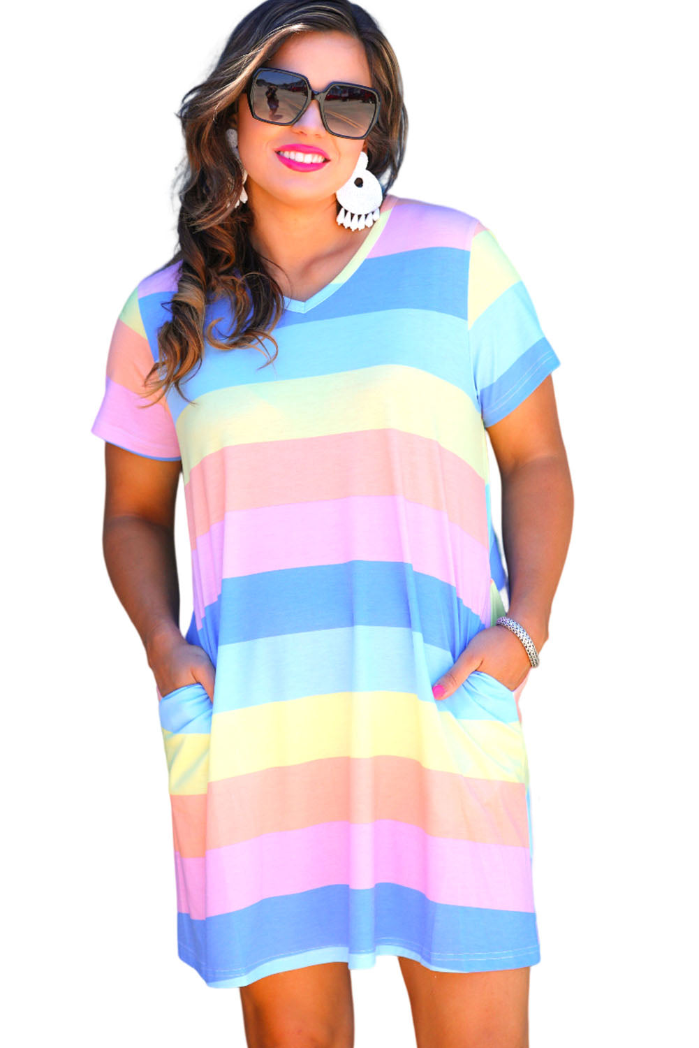 Multicolor Colorblock Pocketed V Neck T-shirt Dress Plus Size Dresses JT's Designer Fashion