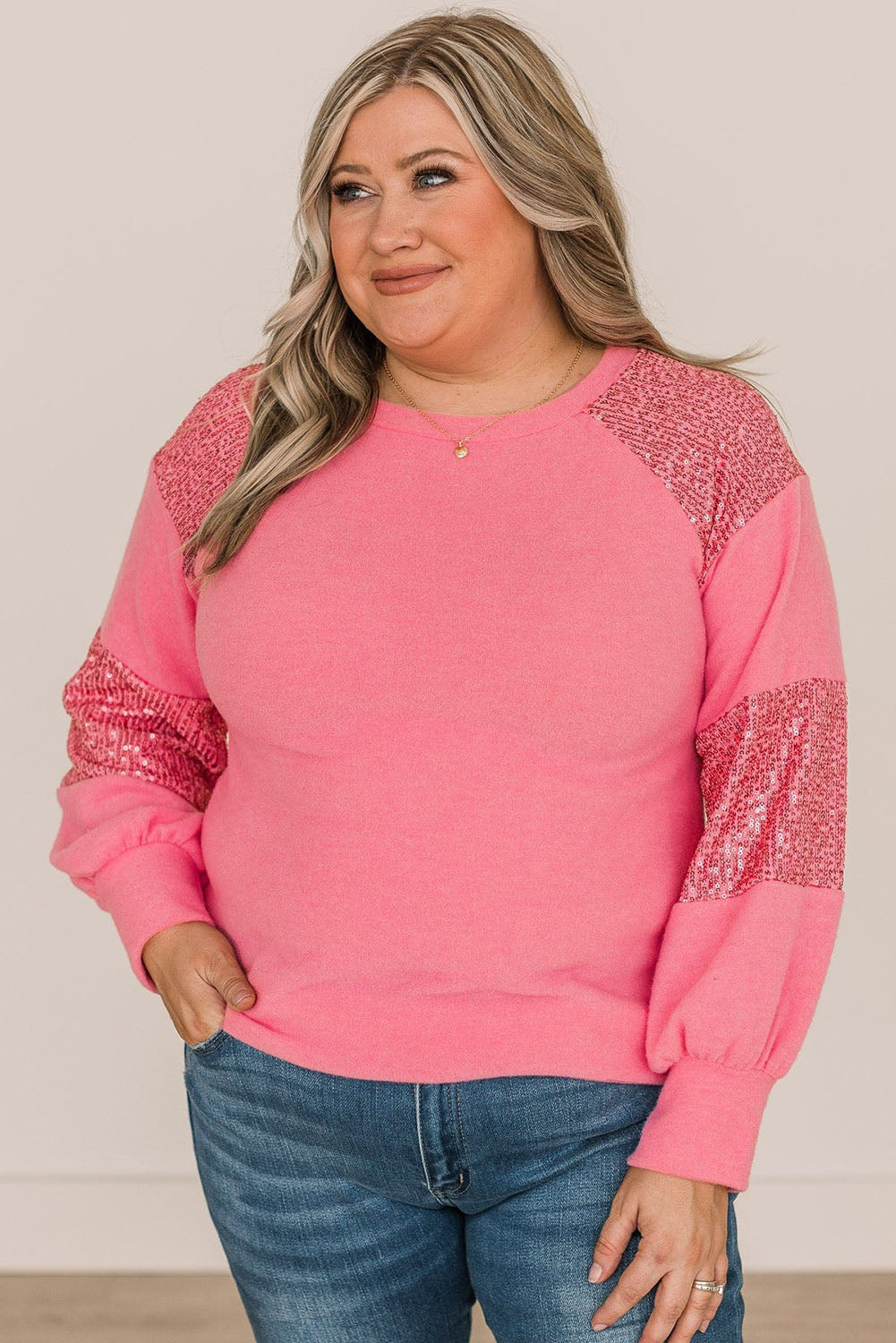 Pink Plus Size Sequin Patchwork Top Plus Size JT's Designer Fashion