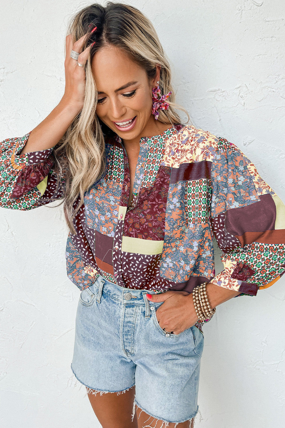 Brown Multicolor Floral Patchwork Print Buttoned Puff Sleeve Shirt Tops & Tees JT's Designer Fashion