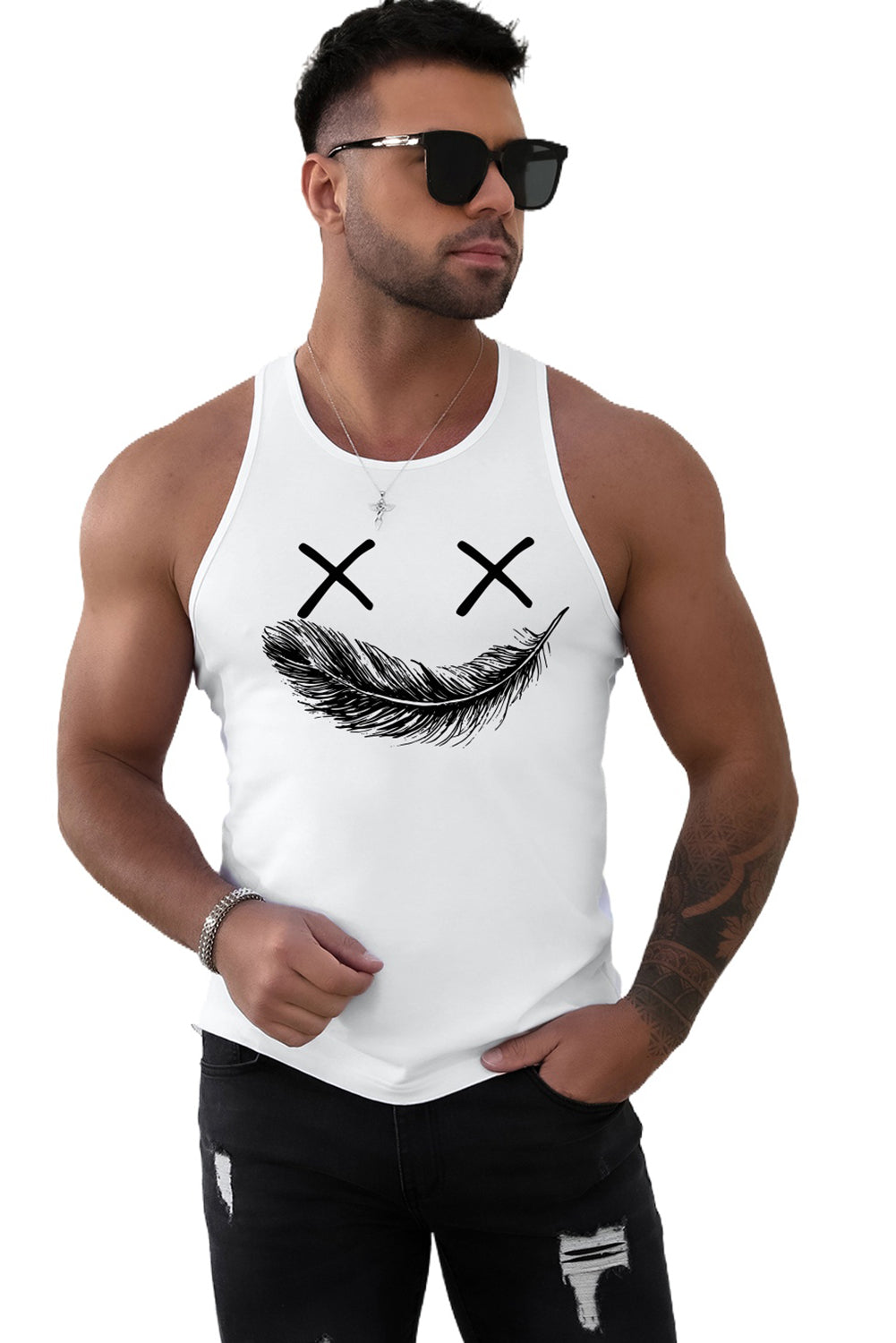 White Feather Mouth Funny Emoticon Graphic Mens Tank Top Men's Tops JT's Designer Fashion