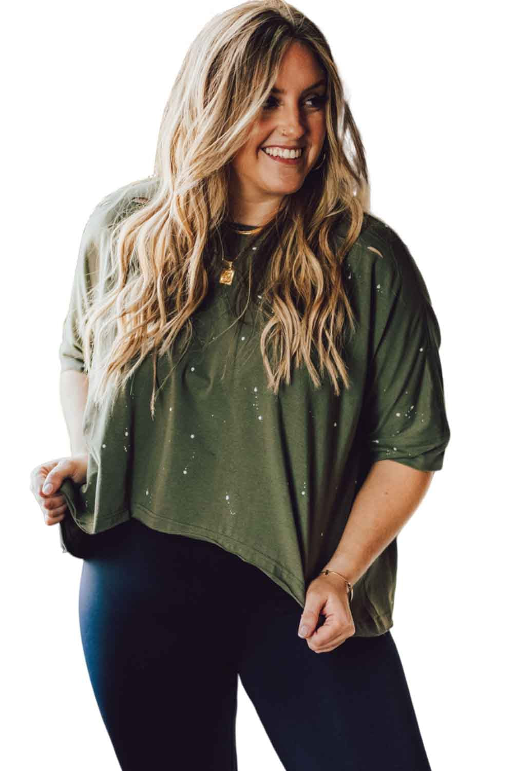 Green Plus Size Ripped Half Sleeve Blouse Plus Size JT's Designer Fashion