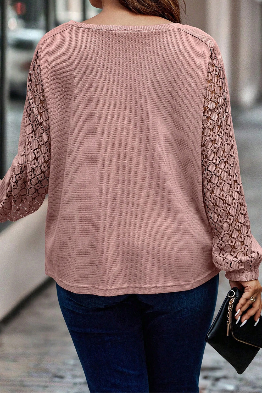 Apricot Pink Contrast Lace Sleeve Textured Knit Plus Size Top Plus Size JT's Designer Fashion