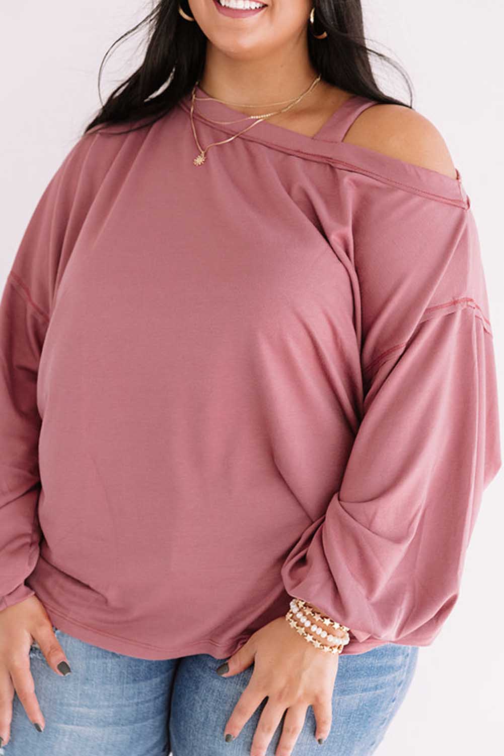 Pink Asymmetric Cold Shoulder Puff Sleeve Plus Size Top Plus Size JT's Designer Fashion