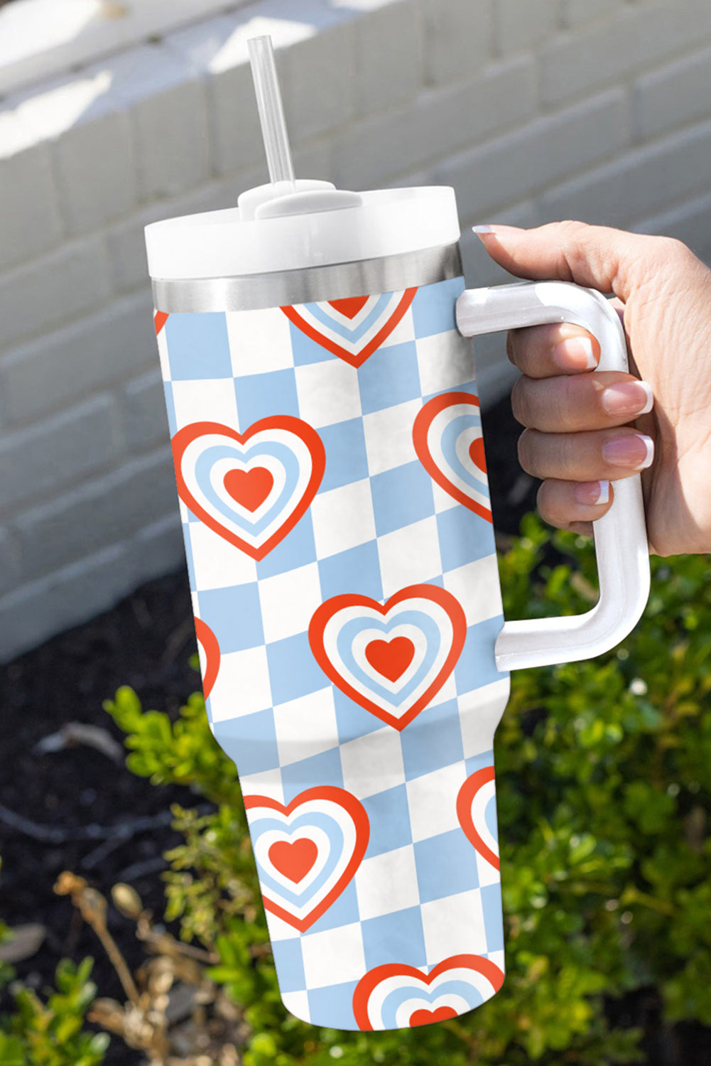 Mist Blue Heart Print Checkered Stainless Thermos Cup Tumblers JT's Designer Fashion