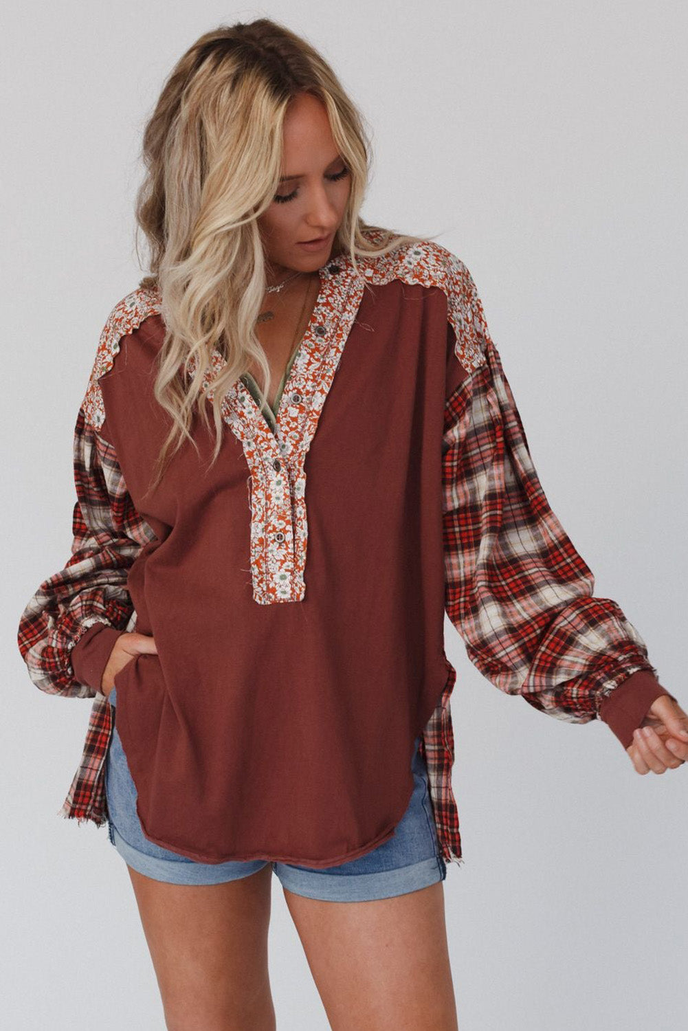 Red Floral Plaid Mixed Print Bishop Sleeve Patchwork Top with Slits Tops & Tees JT's Designer Fashion