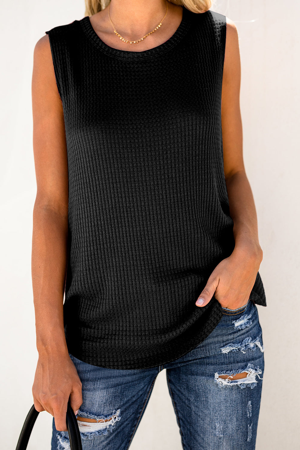 Black Crew Neck Waffle Tank Top Tank Tops JT's Designer Fashion