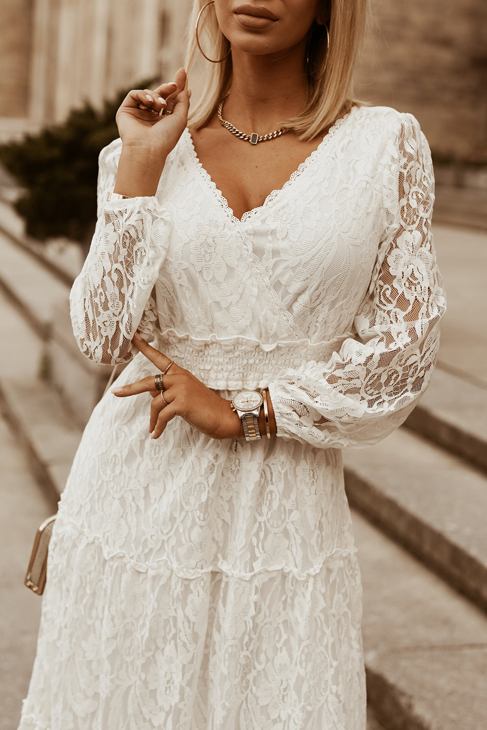 White Bubble Sleeve Tiered Lace Wedding Party Dress Maxi Dresses JT's Designer Fashion