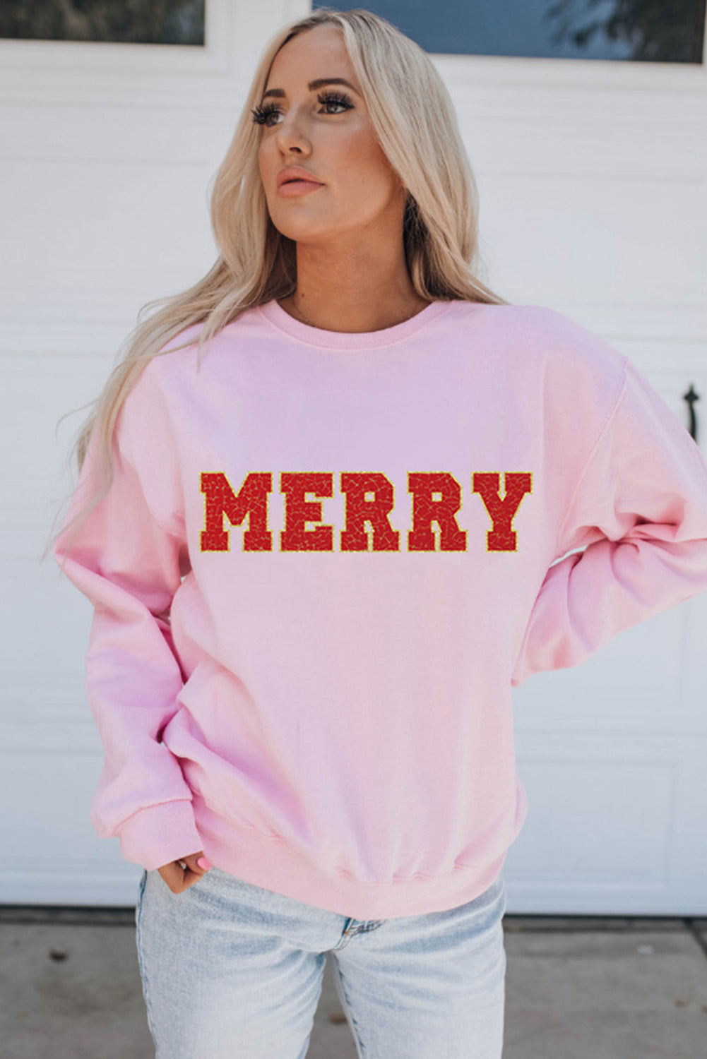 Pink MERRY Graphic Pullover Sweatshirt Graphic Sweatshirts JT's Designer Fashion