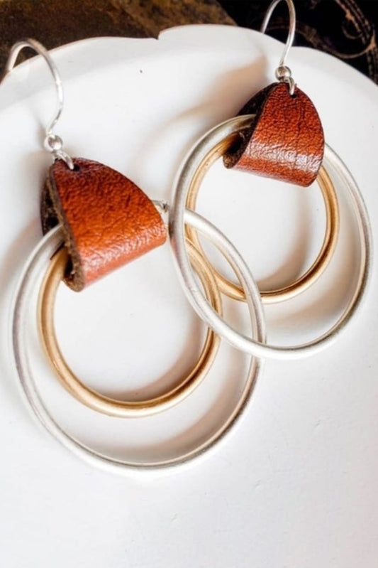 Leather Accent Circles Geometric Earrings Jewelry JT's Designer Fashion