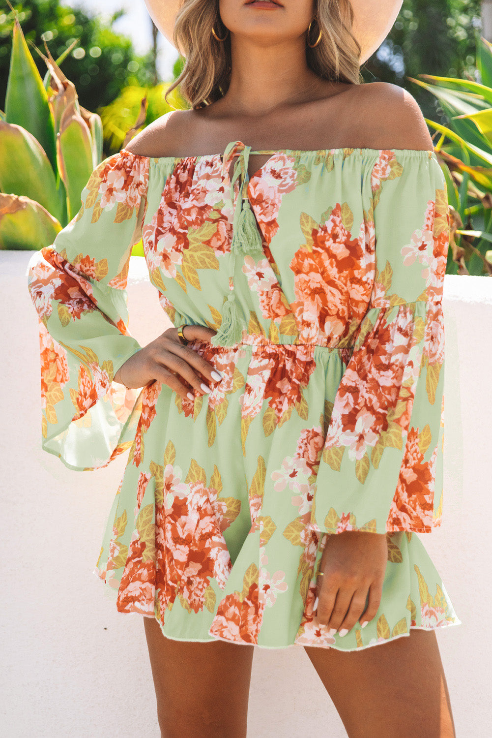 Floral Off the Shoulder Bell Sleeve Romper Jumpsuits & Rompers JT's Designer Fashion