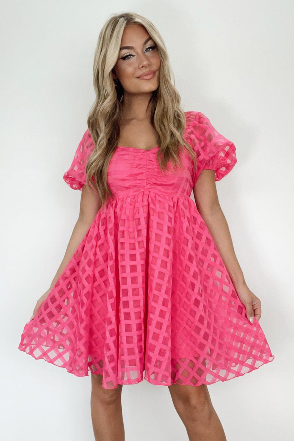 Strawberry Pink Checkered Mesh Puff Sleeve Babydoll Mini Dress Dresses JT's Designer Fashion