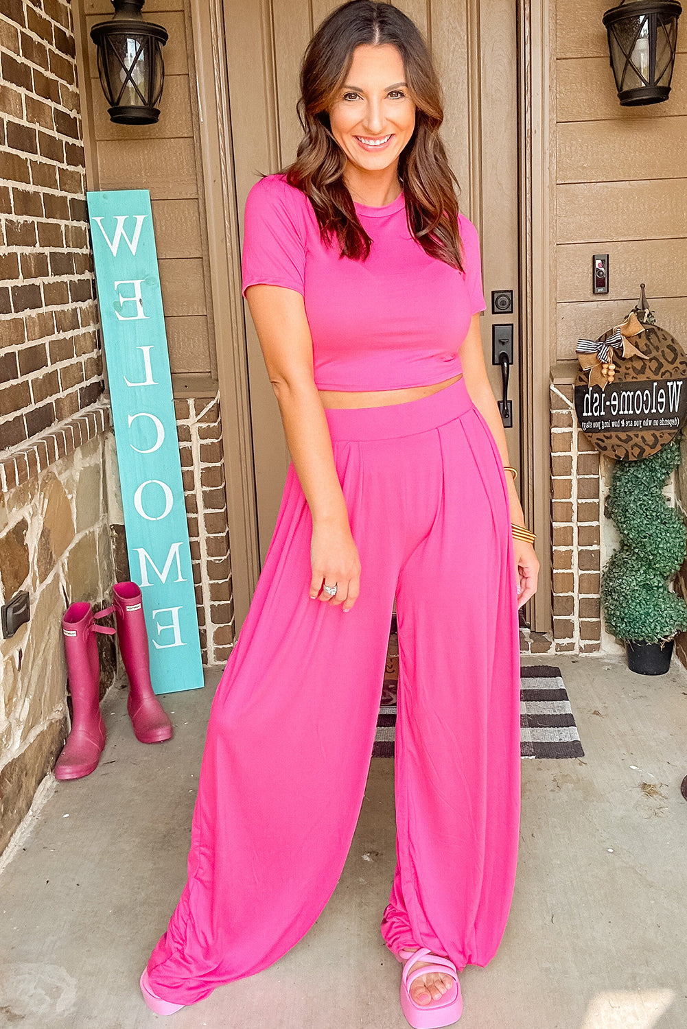 Strawberry Pink Solid Color Slim Fit Crop Top and Wide Leg Pants Set Bottoms JT's Designer Fashion