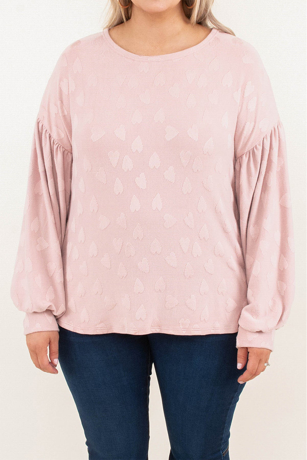 Light Pink Heart Pattern Lantern Sleeve Drop Shoulder Plus Top Plus Size JT's Designer Fashion