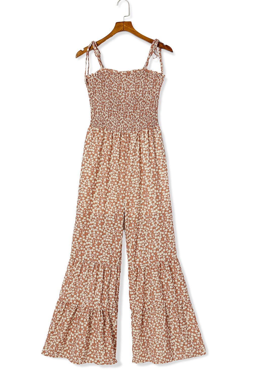 Khaki Thin Straps Smocked Bodice Wide Leg Floral Jumpsuit Jumpsuits & Rompers JT's Designer Fashion