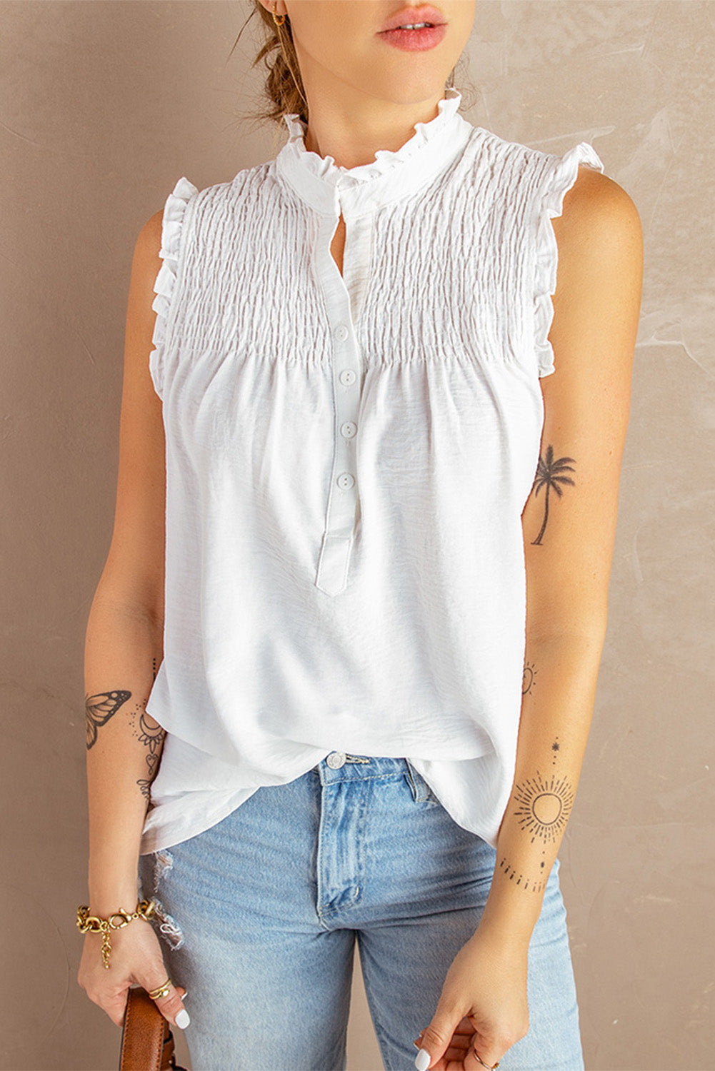 White Frilled Tank Top with Buttons Tank Tops JT's Designer Fashion