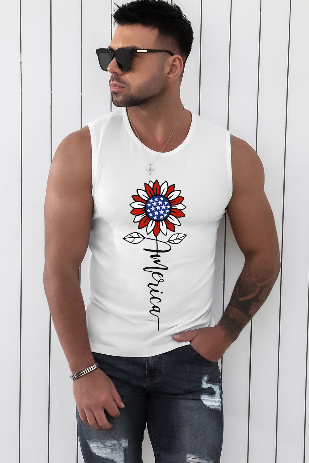 White America Flag Inspired Sunflower Graphic Mens Tank Top Men's Tops JT's Designer Fashion