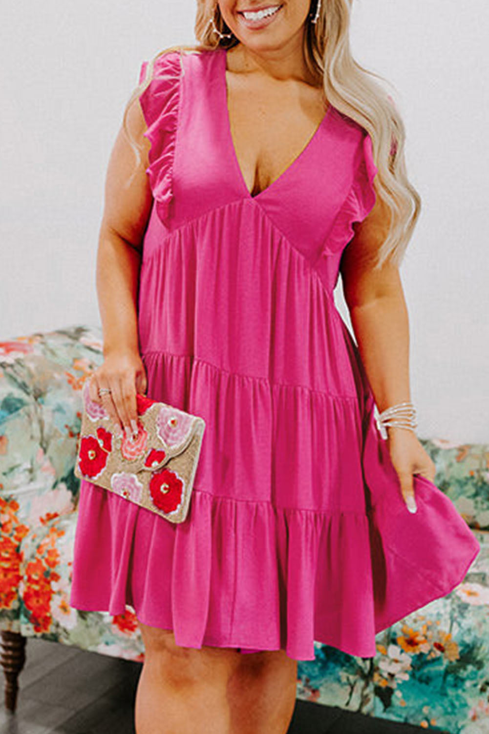 Rose Plus Size Ruffled Sleeveless Babydoll Mini Dress Rose 100%Viscose Plus Size Dresses JT's Designer Fashion