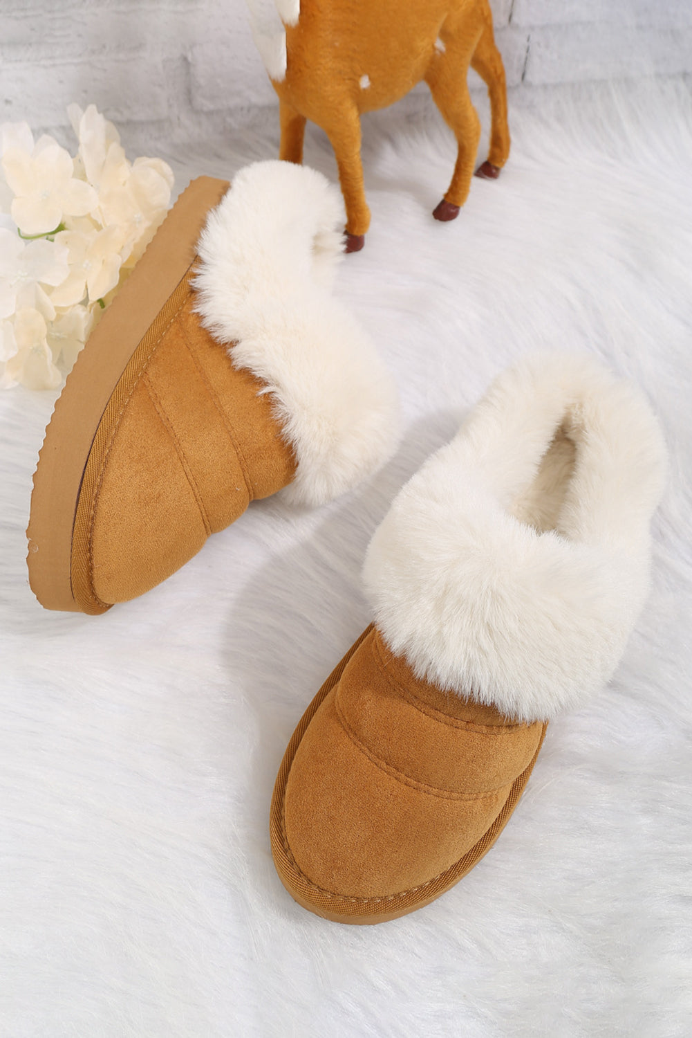 Camel Plush Suede Patchwork Thick Sole Slippers Slippers JT's Designer Fashion