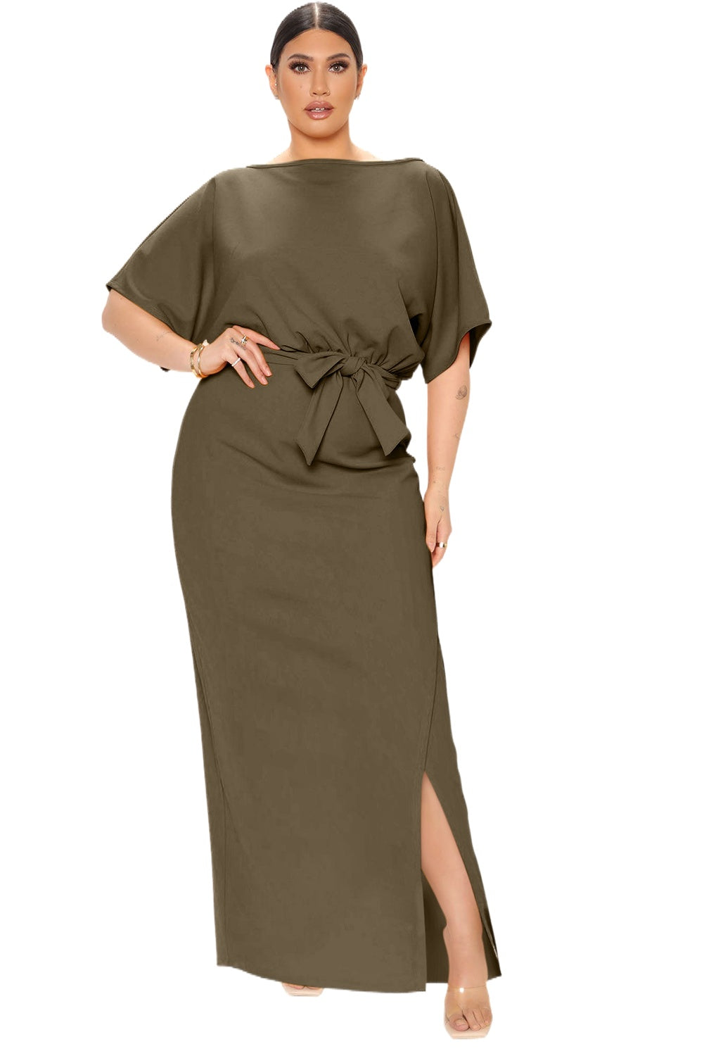 Green Belted High Waist Side Slit Plus Size Maxi Dress Plus Size Dresses JT's Designer Fashion