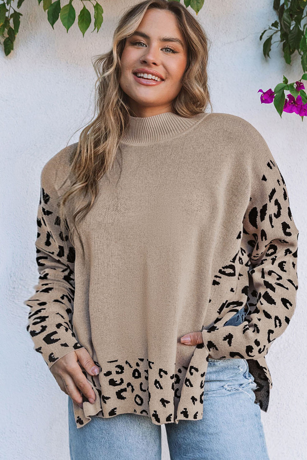 Khaki Plus Size Leopard Patchwork High Neck Sweater Plus Size JT's Designer Fashion