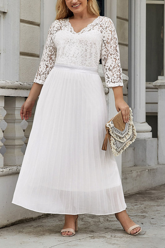 White Lace Scalloped V Neck 3/4 Sleeves Pleated Tulle Plus Maxi Dress Plus Size Dresses JT's Designer Fashion