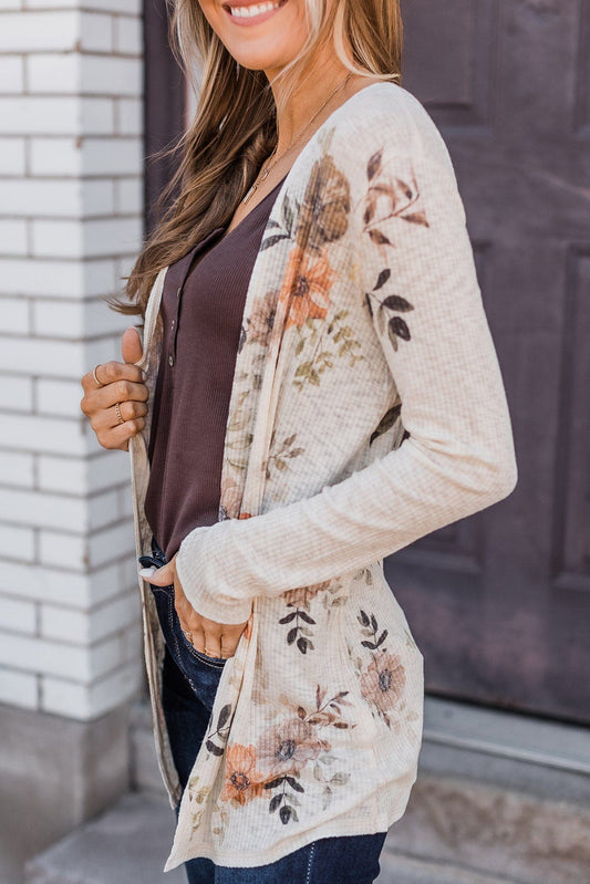 Apricot Floral Ribbed Knit Slim Fit Cardigan Outerwear JT's Designer Fashion