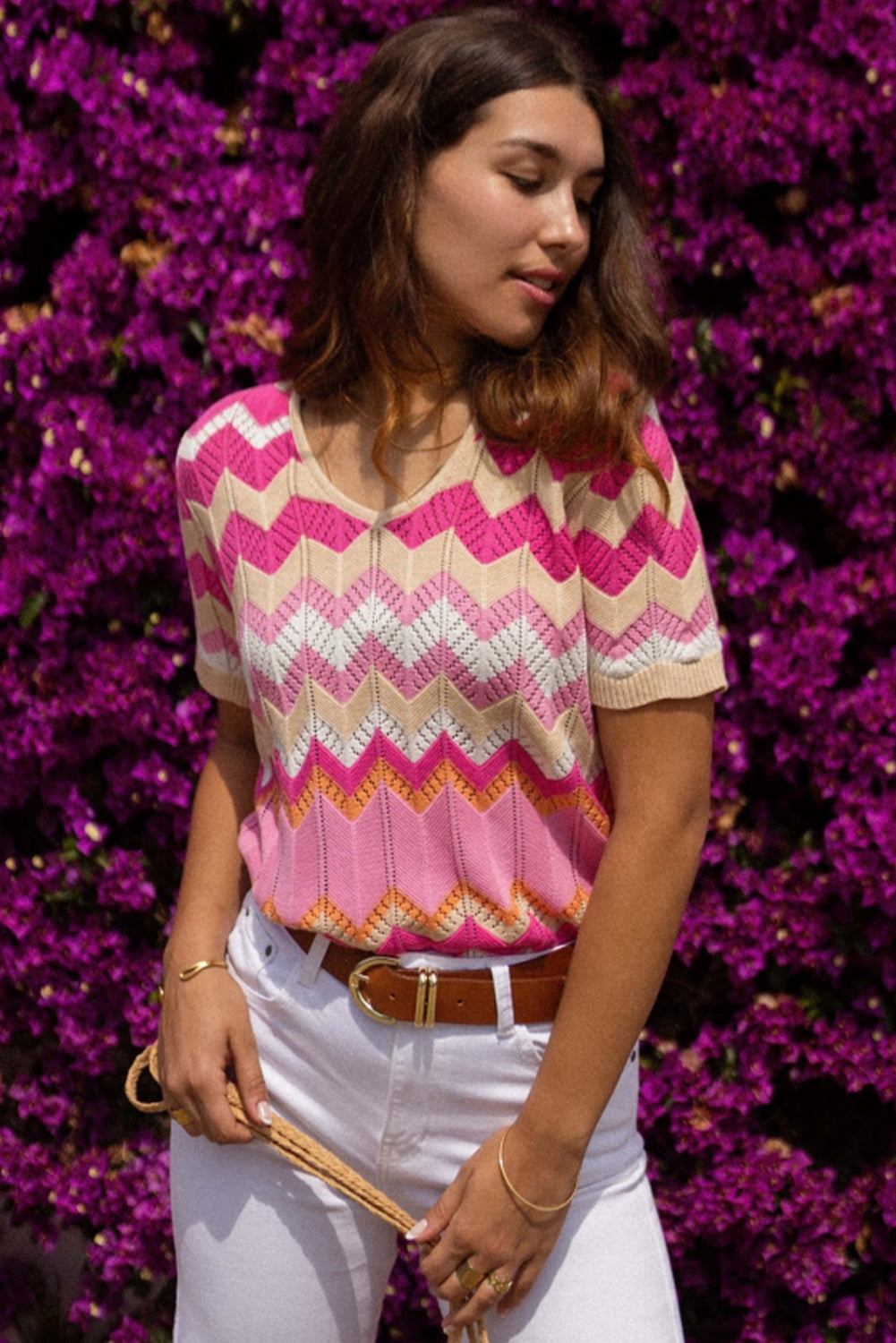 Pink Stripe Chevron Pointelle Knit V Neck Short Sleeve Sweater Pre Order Sweaters & Cardigans JT's Designer Fashion