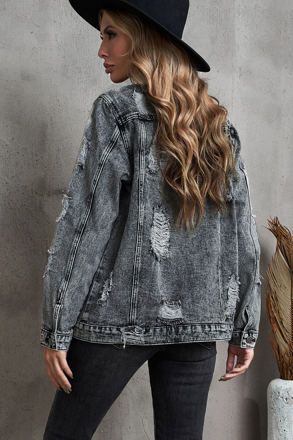 Dark Grey Plus Size Retro Acid Wash Distressed Denim Jacket Plus Size JT's Designer Fashion