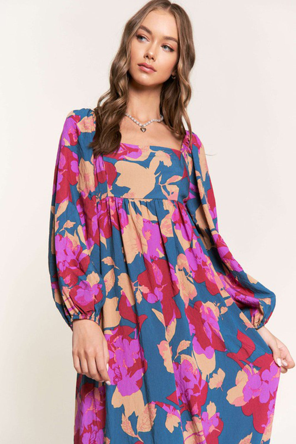 Multicolor Square Neck High Waist Ruffled Floral Dress Dresses JT's Designer Fashion