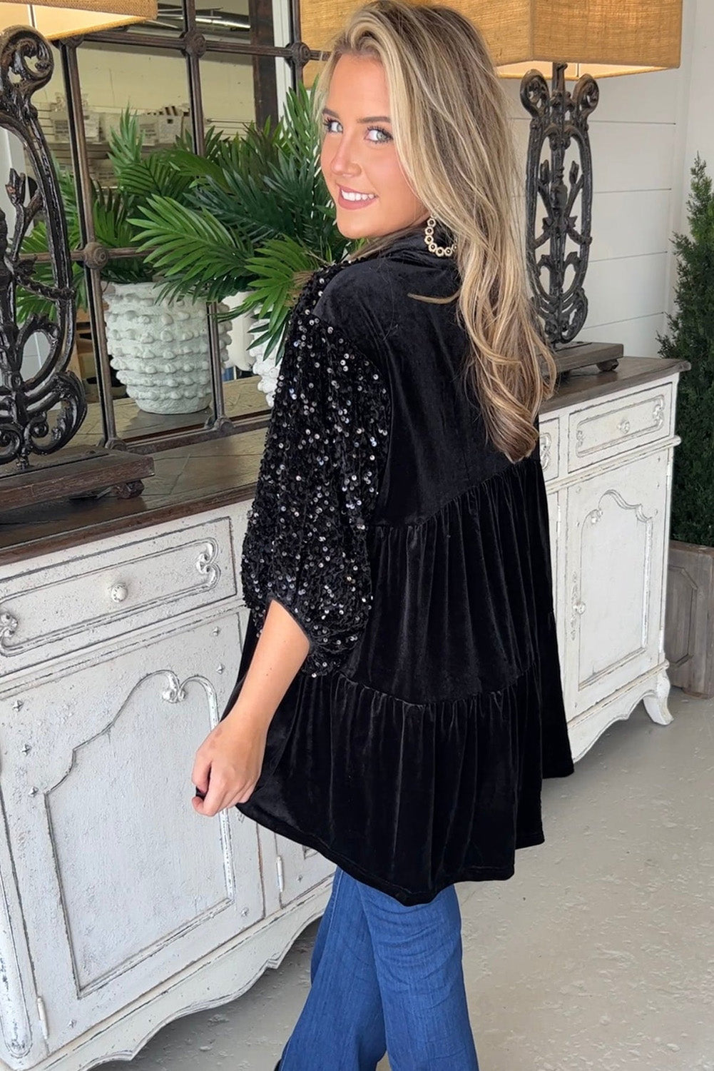 Black Sequin Puff Sleeve Buttoned Velvet Babydoll Blouse Tops & Tees JT's Designer Fashion