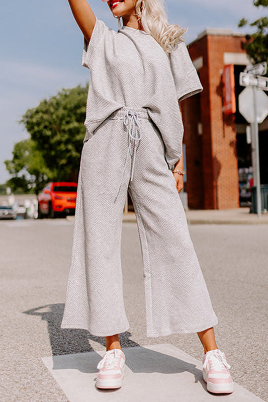 Gray Textured Loose Fit T Shirt and Drawstring Pants Set Bottoms JT's Designer Fashion